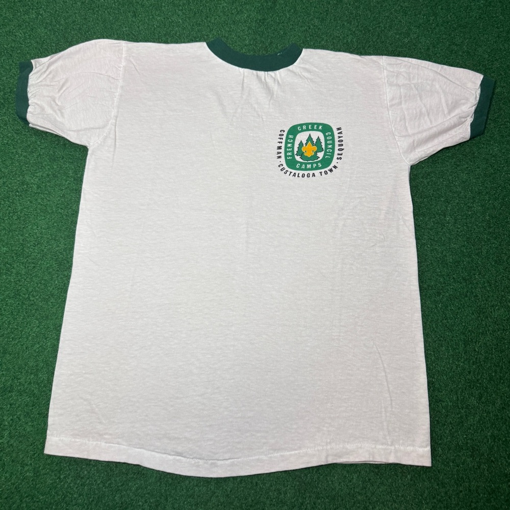 Vintage 70s Boy Scouts Custaloga Town Scout Camp French Creek M/L Ringer T Shirt